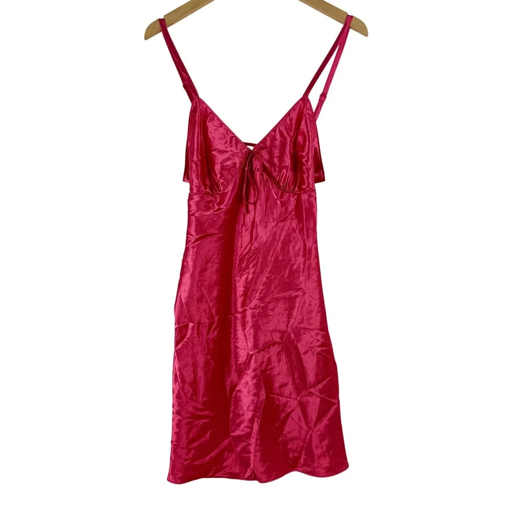Adonna Women's L G Pink Satin Tie Front Chemise‎ Nightgown Dress Slip